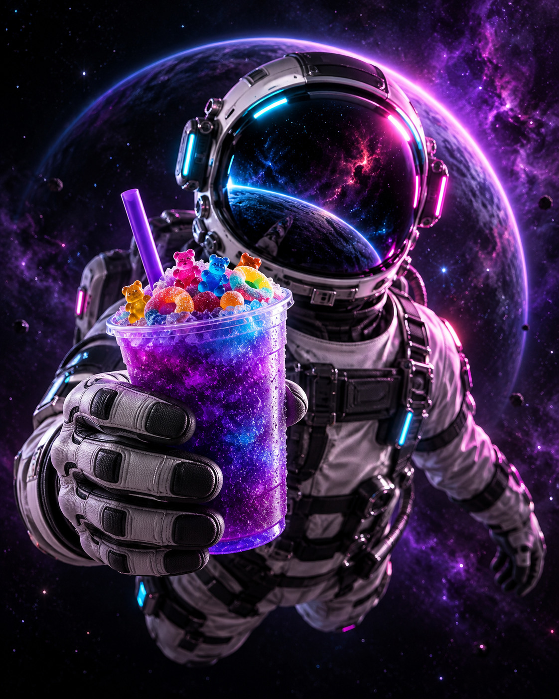 Astronauta futurista sosteniendo un granizado morado con dulces