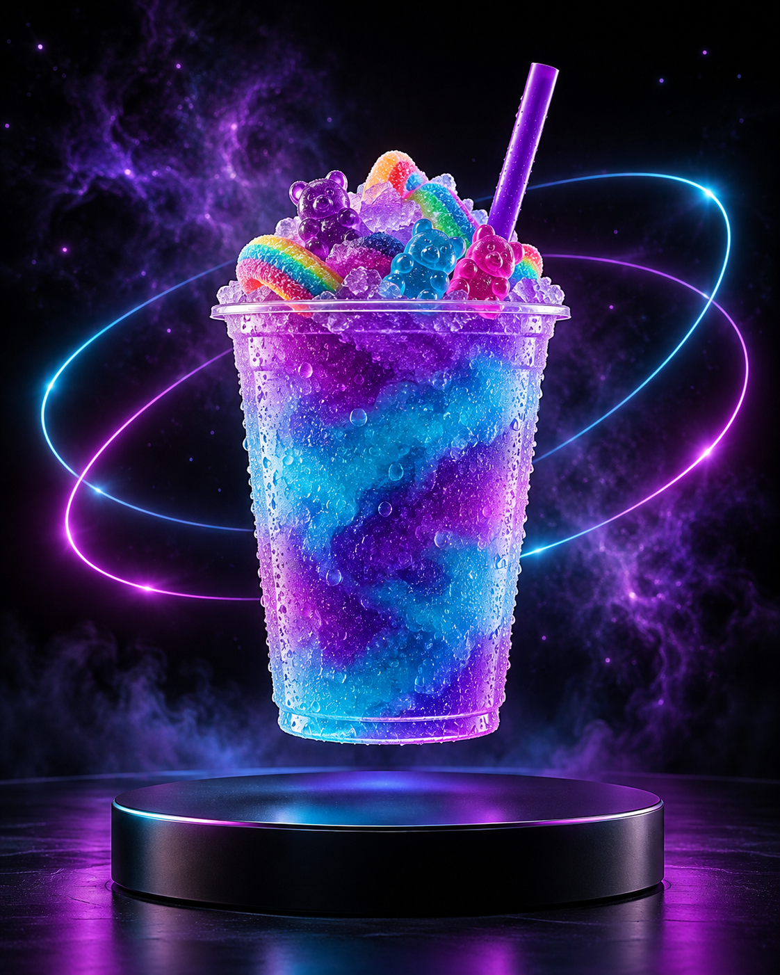 Ilustración publicitaria de granizado Enigma con dulces y órbitas neón